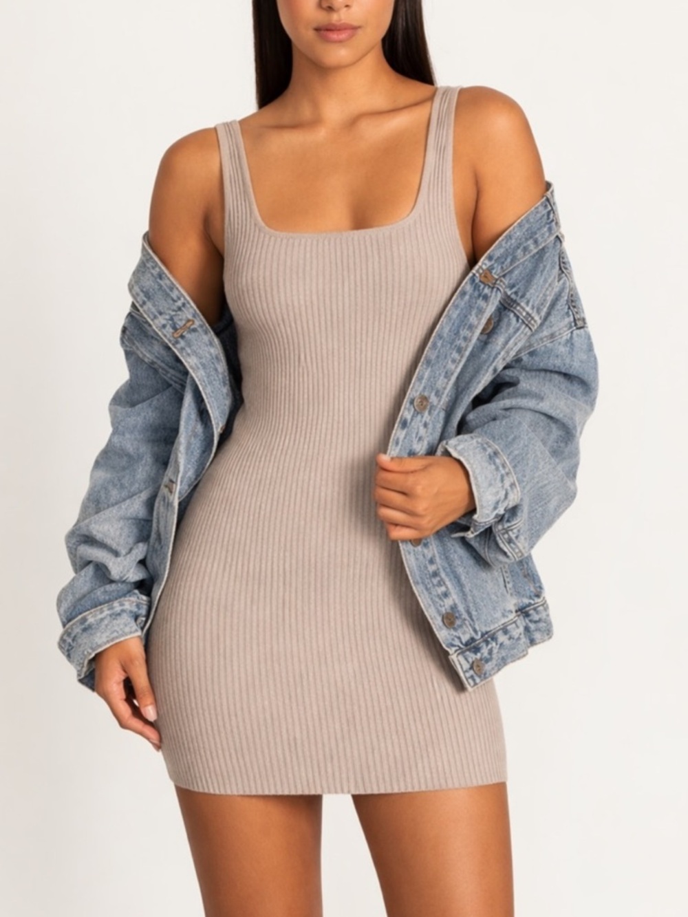 Altar’d State | Taupe Ribbed Square Neck Bodycon Mini Dress Size Large
